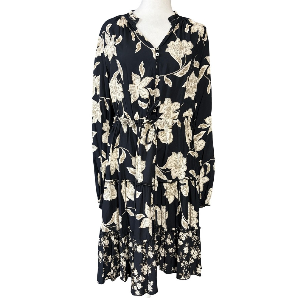 Fat Face Dress Womens 10 Black Floral Long Sleeve Tiered Boho Viscose Mini Smock